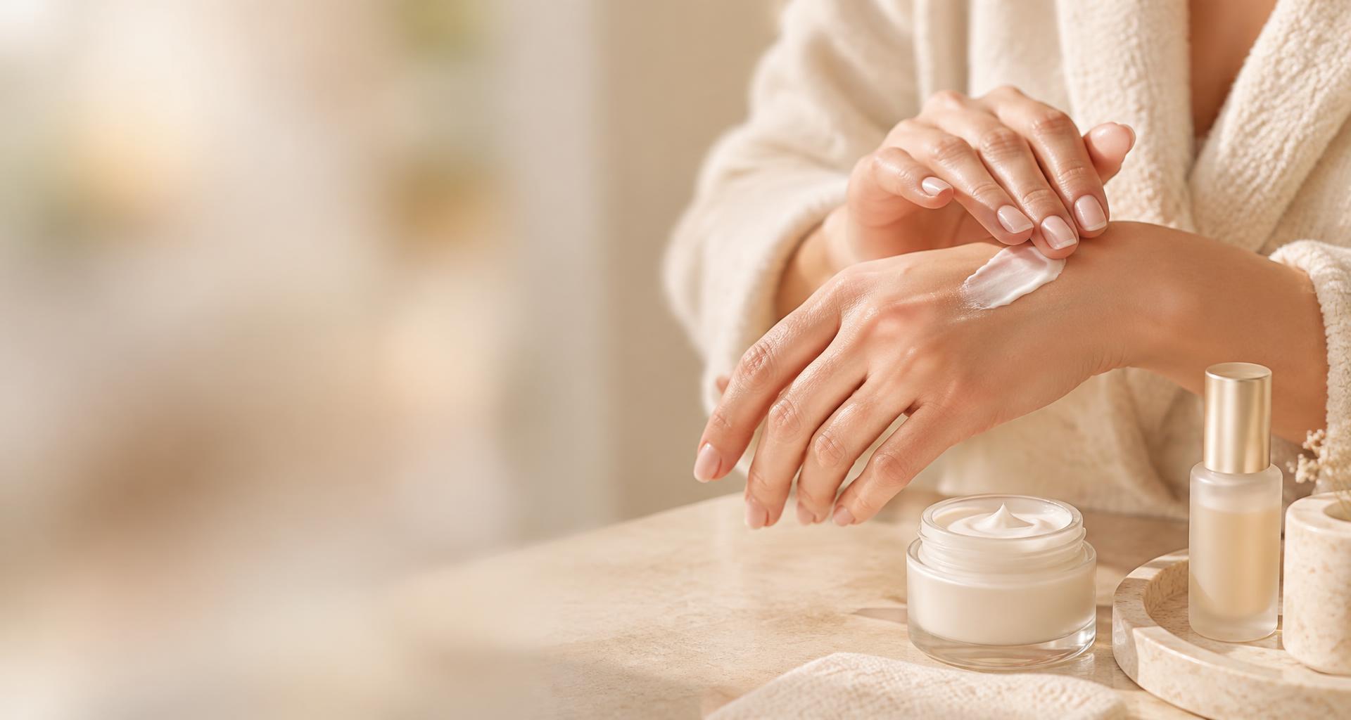 Rotina de skincare com produtos de beleza sobre linho claro